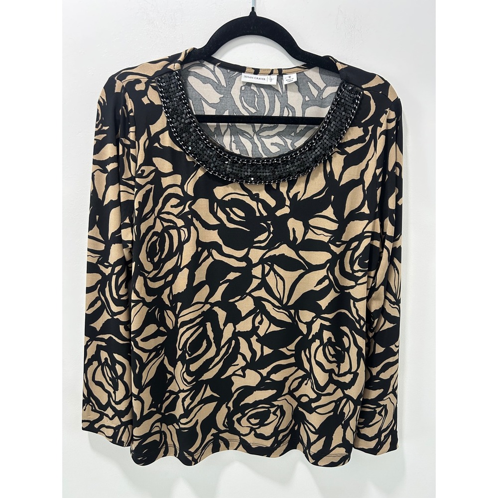 Susan Graver Liquid Knit Floral Top Tan Black Embellished Neck Size M Long Slv